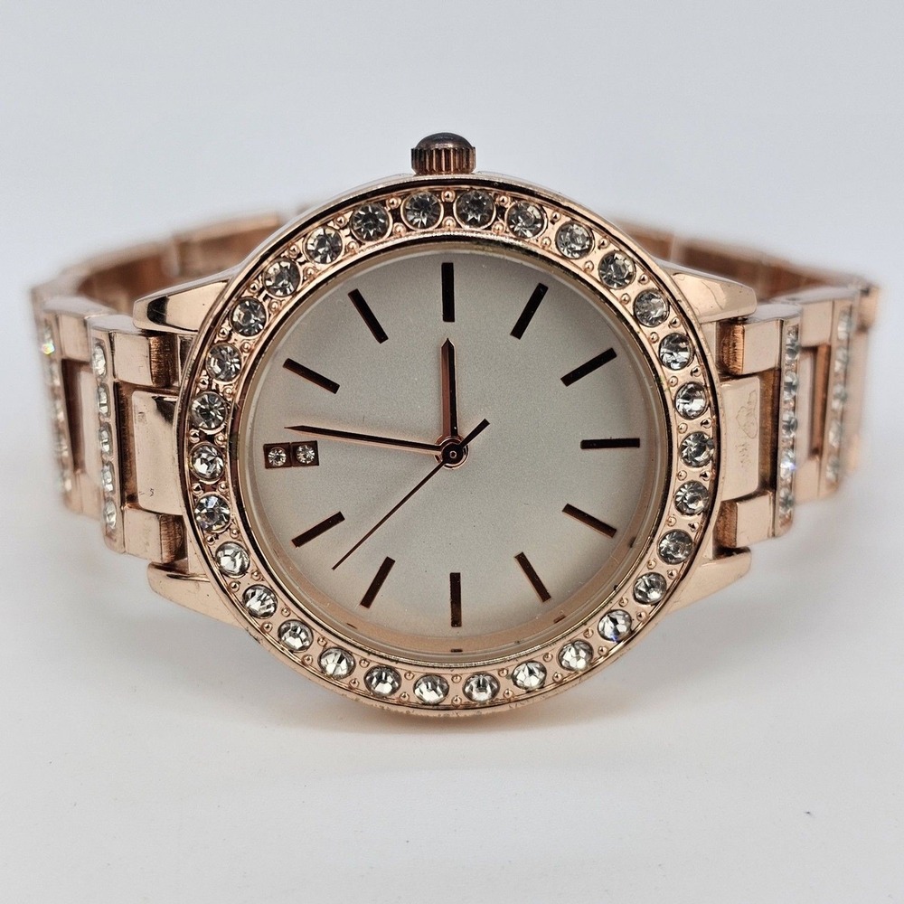 34MM Women's Watch White Dial Crystals Gold‎ Tone Case Bracelet 6.5" New Battery